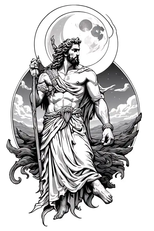 Greek Mythogy Hades With The Moon And Night Sky Above Him
