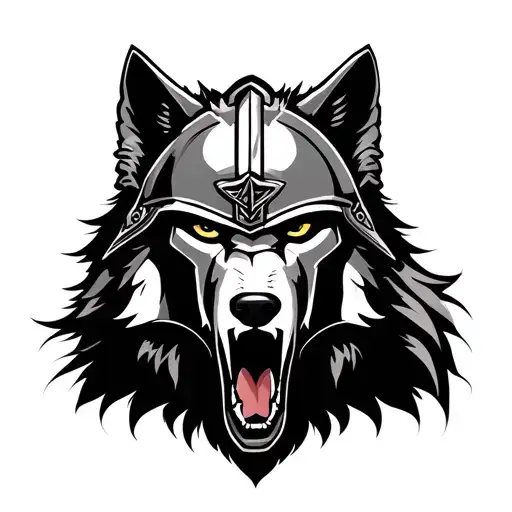 Spartan Helmet And Wolf Howling Together Face