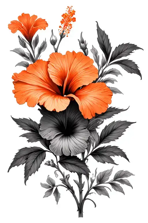 Orange Hibiscus Flower With Black And Shaded Primrose Flowers