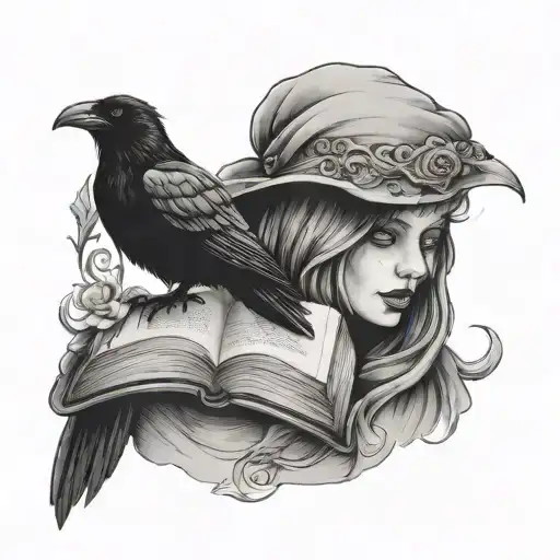 Women Face Holding Witch Book With A Raven In The Back