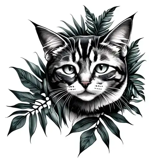 Cat In The Rainforest With Jungle Leaves