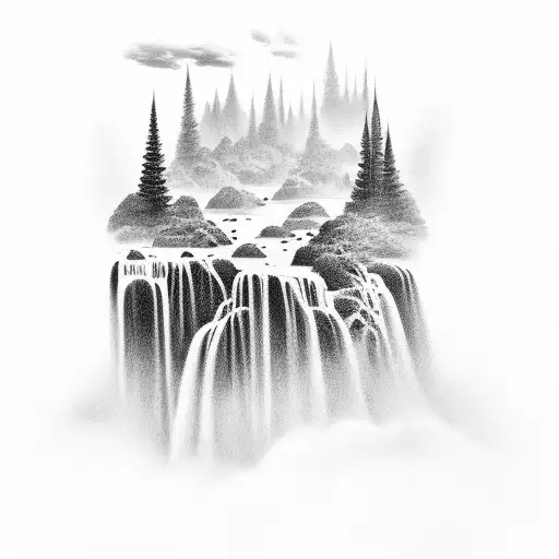A Black-grey Tattoo Of A Majestic Waterfall Surrounded By Lush Greenery