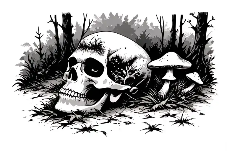 Skull Laying On A Forest Floor With Mushroom Growing From Eye