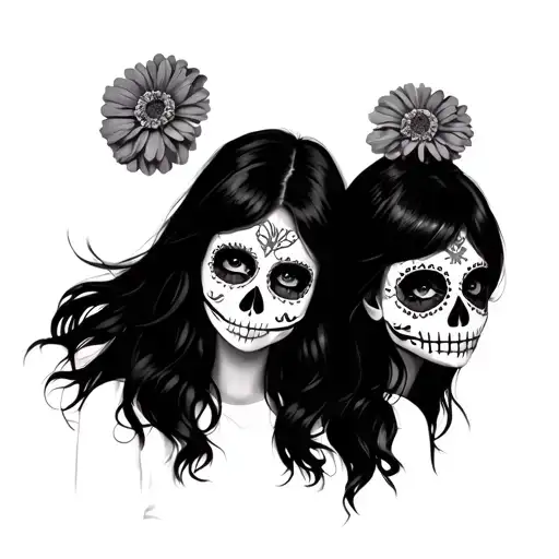 Two Girls With Candy Skull Paint And Marigolds