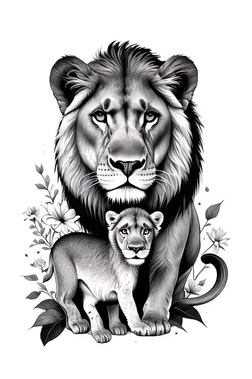 Lioness And Baby And Flower