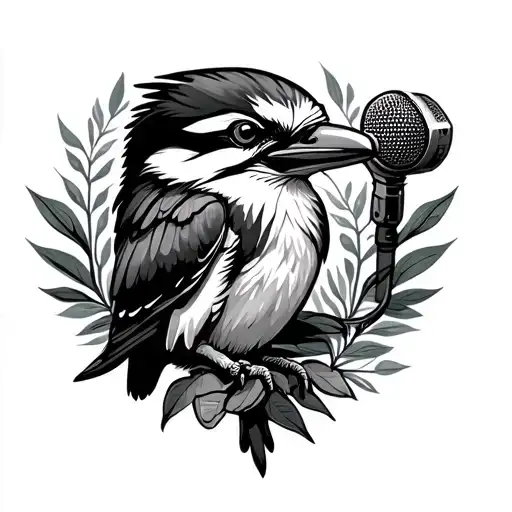 Tribal Kookaburra Open Beak Holding Microphone Surrounded By Australia Foliage