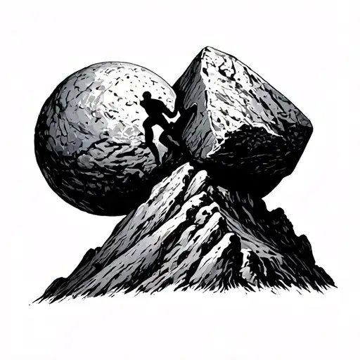 Sisyphus Pushes The Stone Up The Mountain