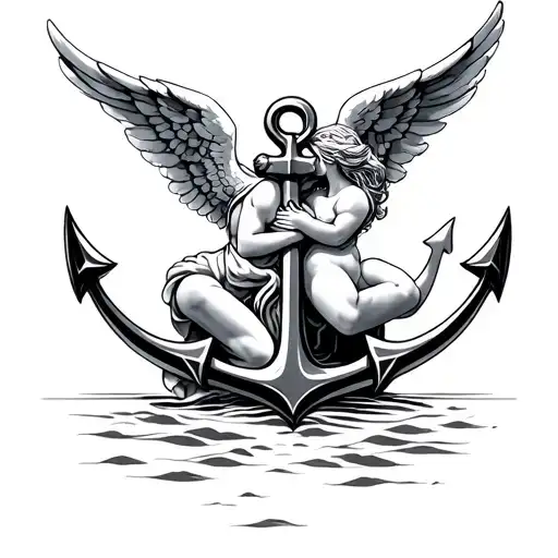 Angel Hugging Anchor Tattoo Design