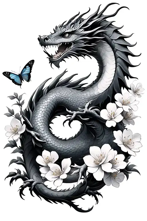 Dragon Intertwined With Cherry Blossoms And Butterflies