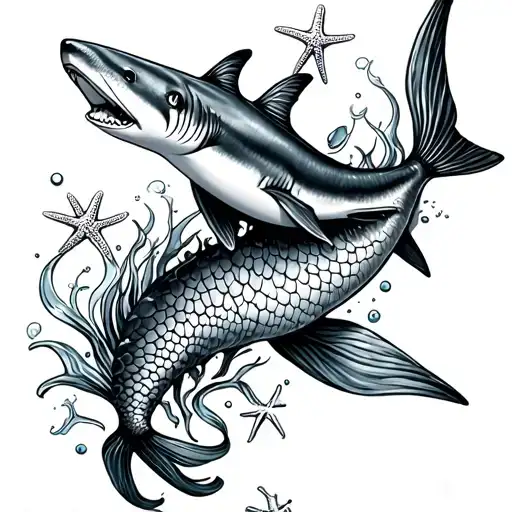 Ocean With Mermaid Starfish Sharks