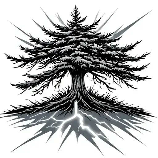 Lightning Bolt Striking Evergreen Tree