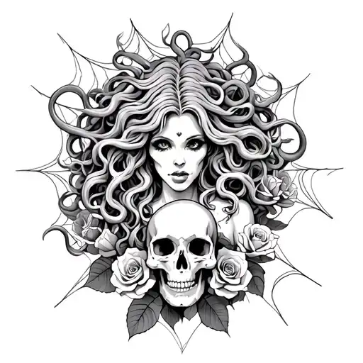 Medusa With Her Snake Hair Surrounded By Roses And Cobwebs While Holding A Skull