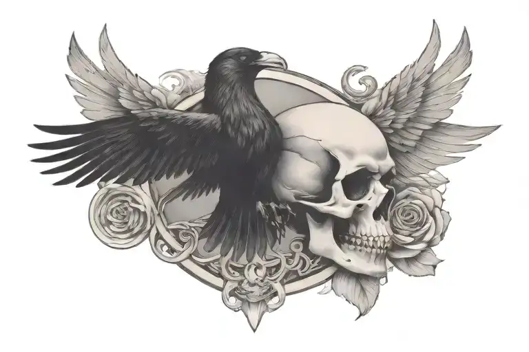 Skull In Center With A Raven On One Side Flying Toward And A Dove On The Other Flying Toward