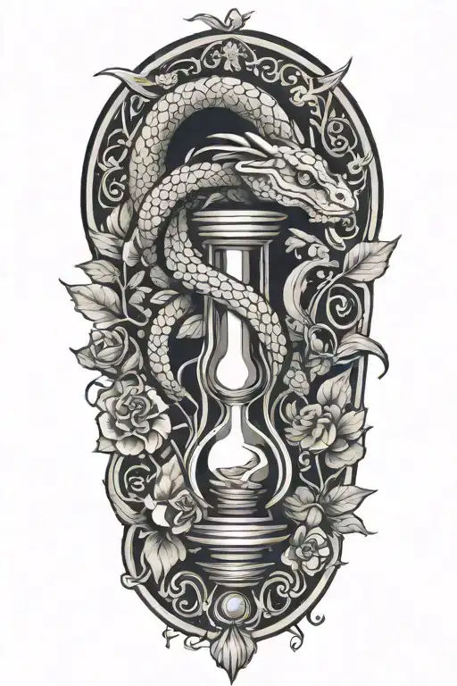 Viper Coiled Around An Hourglass With Leaves And Flowers