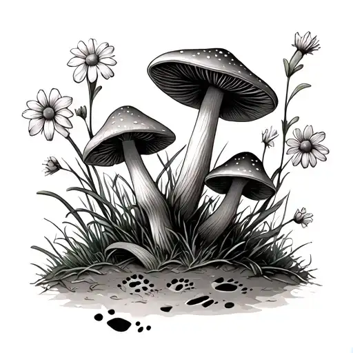 Mushrooms With Flowers With Footprints From The Dog On The Ground