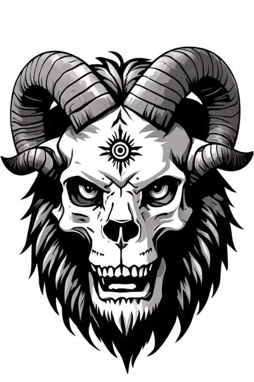 Skull Wearing Lions Head With Ram Horns With Third Eye