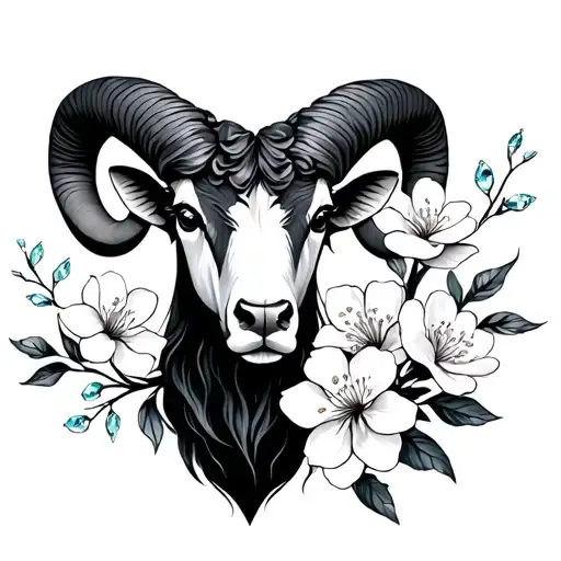 Aries Zodiac With Cherry Blossom Flowers And Aquamarine