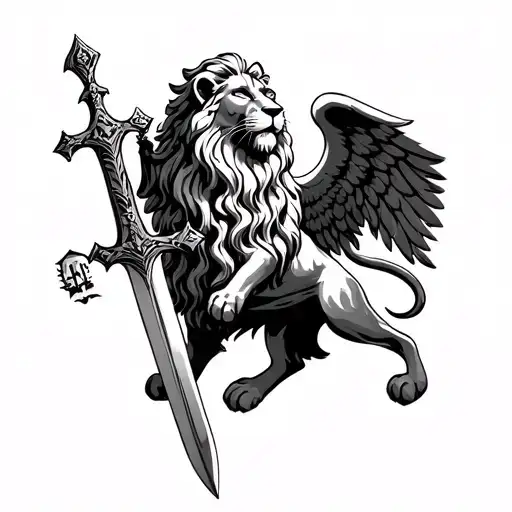 Lion Of Judah With Gaurdian Angel Holding A Sword With Crosss
