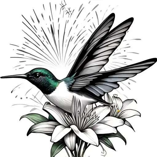Hummingbird With Butterfly Wings With Lily Flowers And Fireworks
