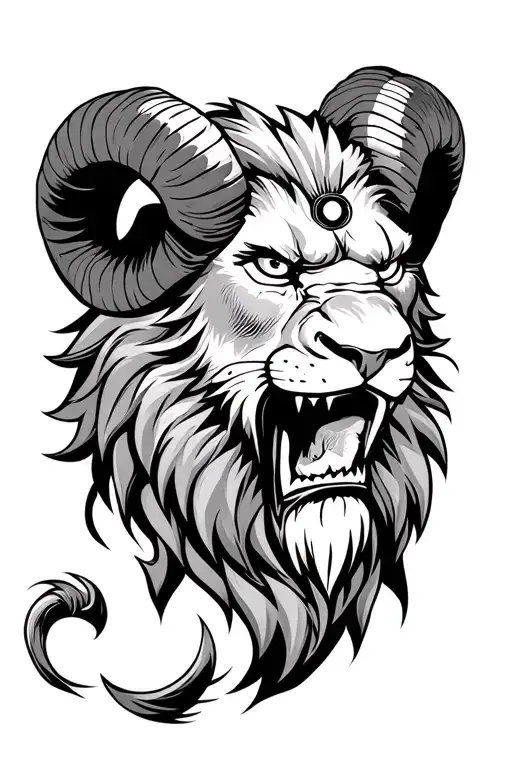 Angry Lion With Ram Horns And A Third Eye