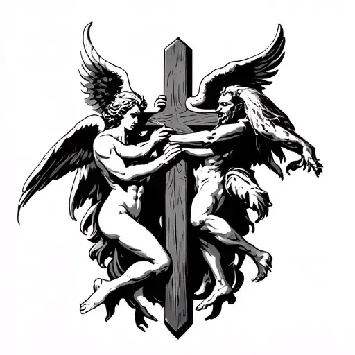 Angel And Demon Fighting Around A Cross