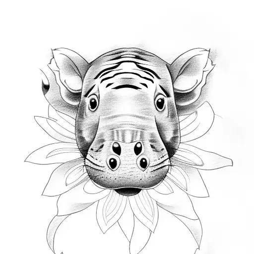 A Sketch-style Tattoo Of A Stuffed Baby Hippo Surrounded By Tiger Lilies