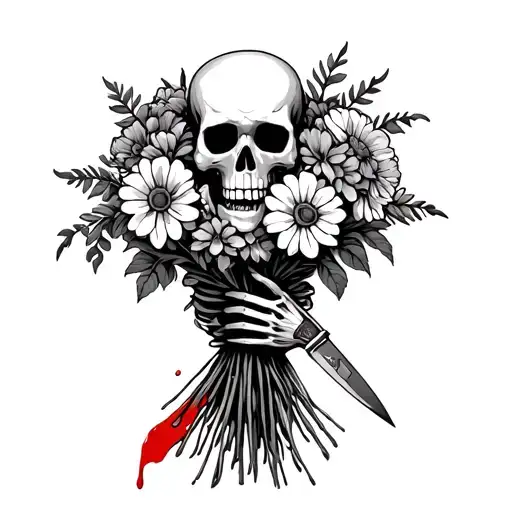 Skeleton With A Bouquet Of Flowers While Hiding A Bloody Knife In The Bouquet