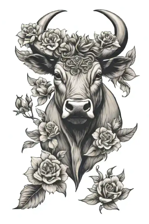 Taurus Bull Head And Flowers