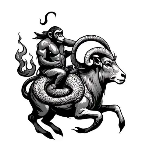 Monkey Riding A Ram Wrapped In A Flaming Snake Wrapped