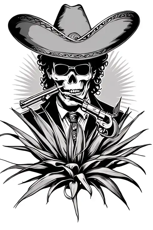 Dead Mariachi With A Revolver And Agave Plant Under Him And A Blunt In His Mouth