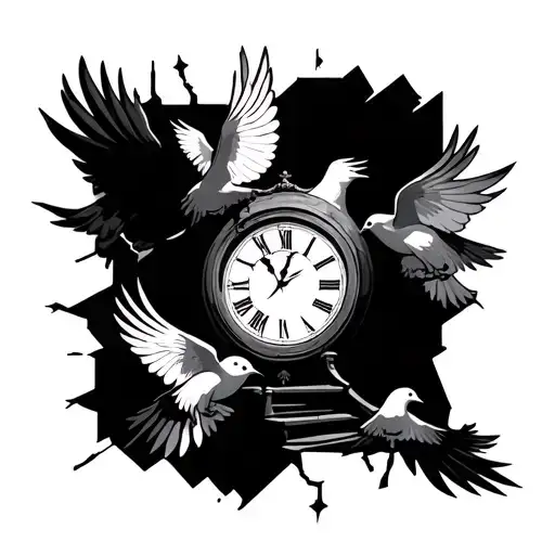 Broken Clock Outside Doves Flying N Heaven Staircase