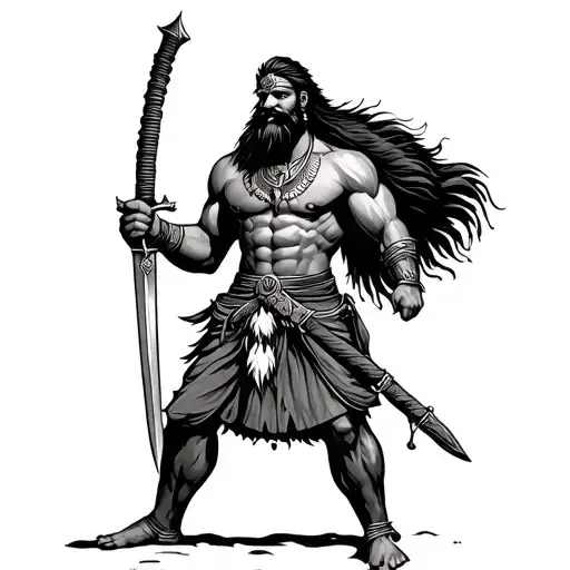 Indian Fierce King With Beard And Lean Body With Sword In Hand