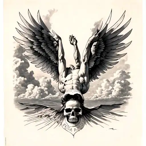 Icarus Falling From Sky Upside Down With Memento Mori Underneath