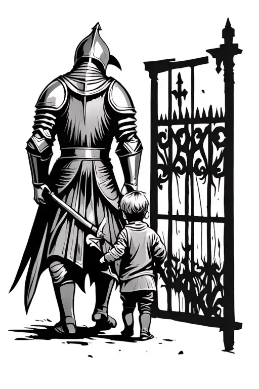 Knight Holding Little Boy's Hand While Walking Away