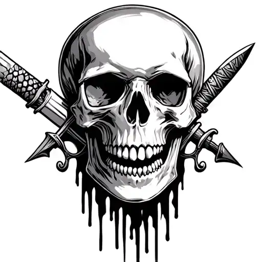 Skull With Daggers Coming Down Through Skull At 45 Degree Angle With Scales On The Daggers Hilts