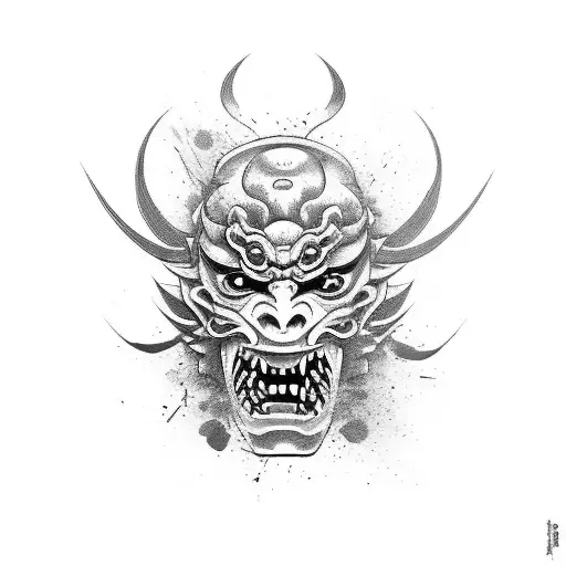 Japanese Demon Mask With Bloody Katana And Peach Flowers