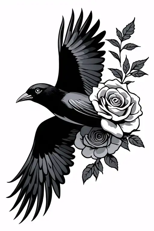American Traditional Bird Flying With Roses