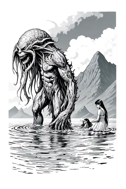 Cuthulu Standing Half Out Of The Water With Mountains In The Back And A Girl Waiting On The Shore