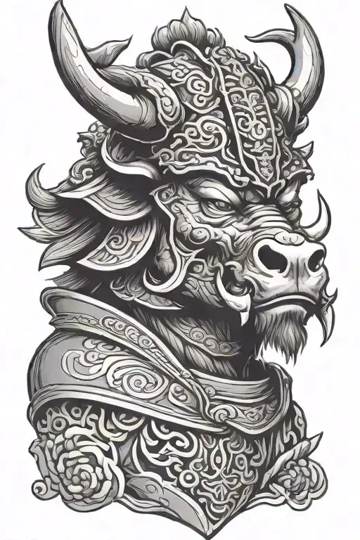 Chinese Ox Wearing Angry Japanese Samurai Helmet Adorned