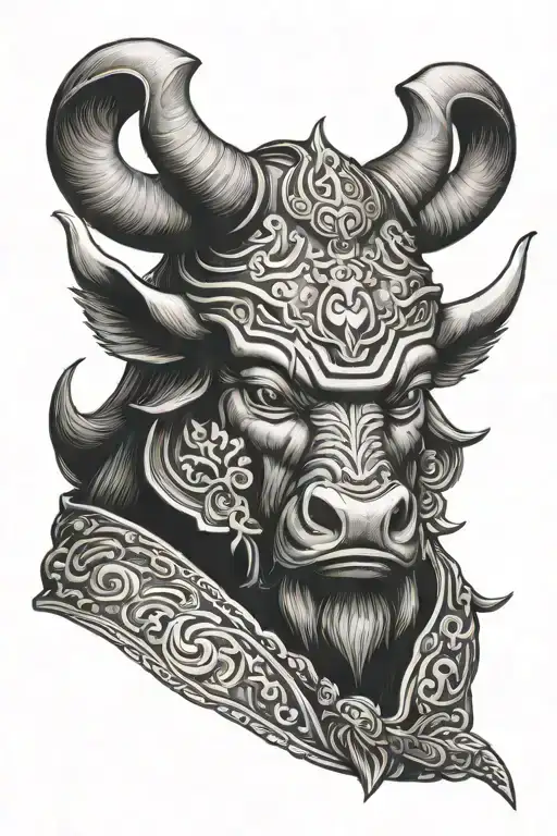 Chinese Ox Wearing Japanese Samurai Helmet Adorned