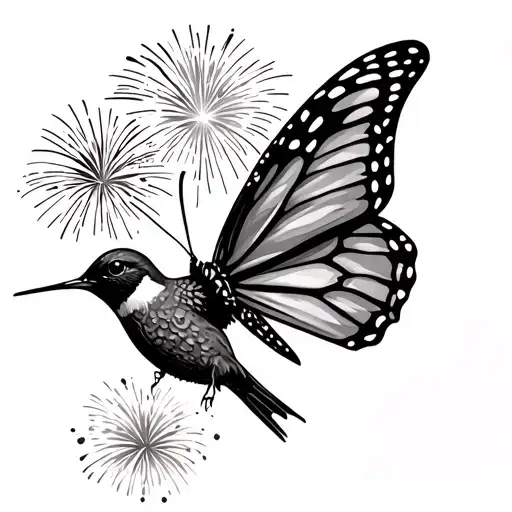 Butterfly With Hummingbird Wings Surrounded By Fireworks