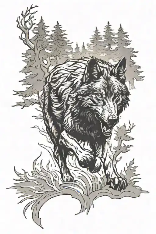 Black Wolf Running In Forest