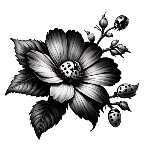 Flower And Ladybug On A Branch