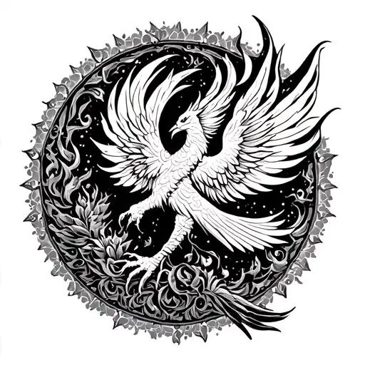 Fire Pheonix Rising From A Dot Work Mandala