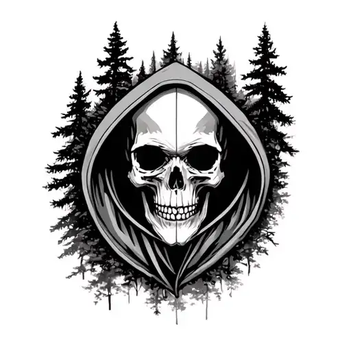 Skull In A Hood From Which The Forest Grows And On The Background Round Watch
