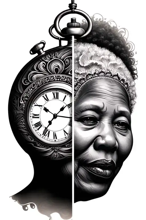 Half A Womens Face With A Clock Or Pocket Watch And Mandela Combined