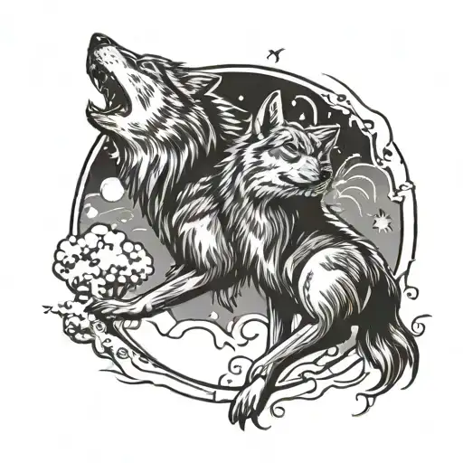 Two Wolves Chasing Sun And Moon In A Circle