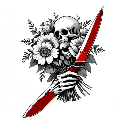 Skeleton Handing A Bouquet With A Bloody Knife Behind Flowers