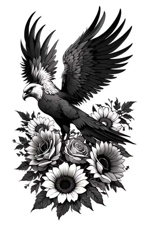Phoenix Surrounded By Roses And Sunflowers