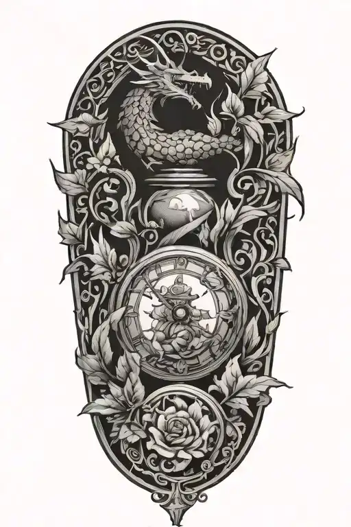 Wyvern Trapped In An Hourglass With Leaves And Flowers